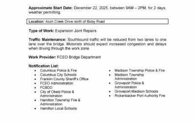 Lane Restrictions Planned on Southbound Alum Creek Drive Bridge