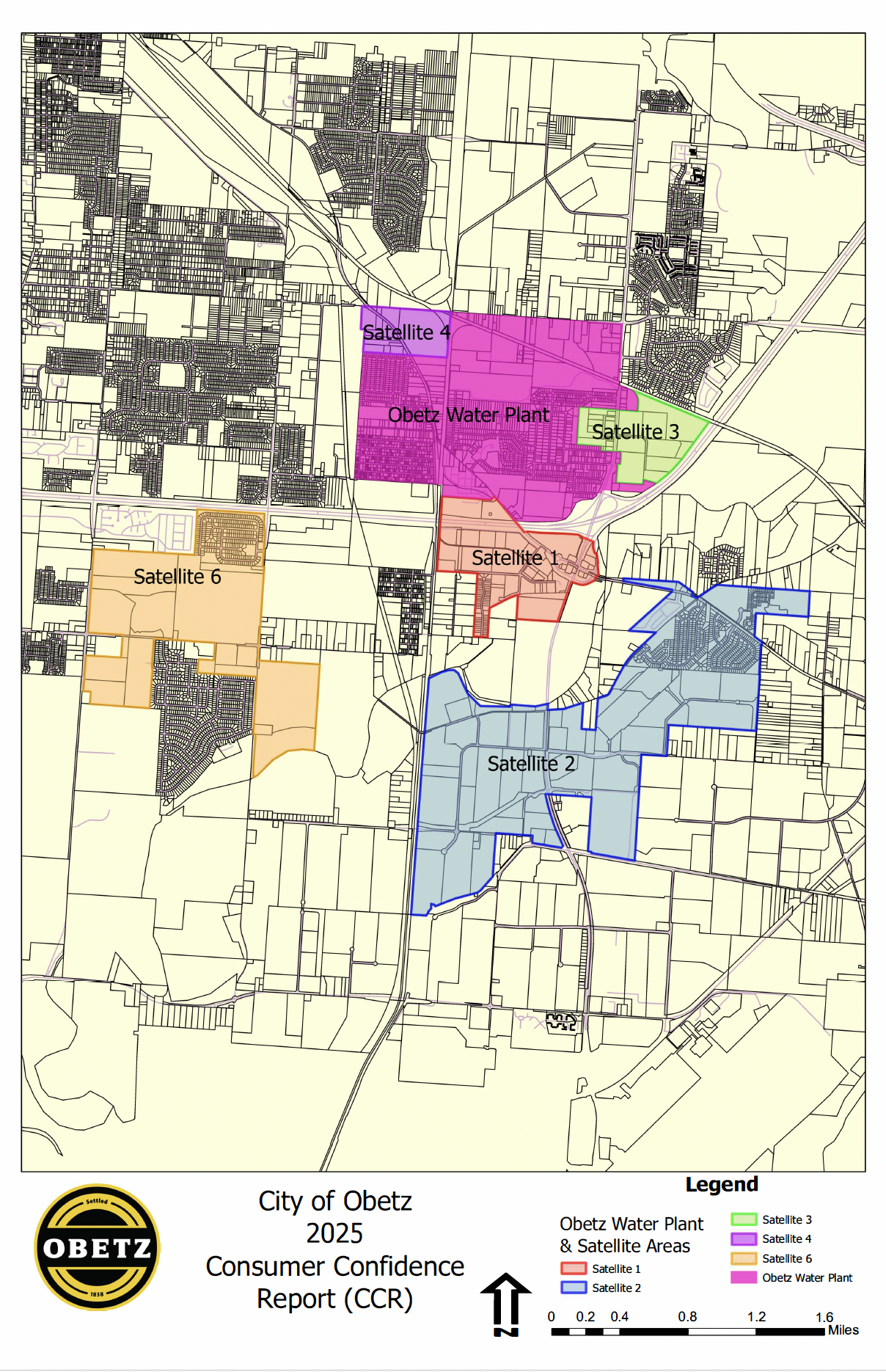 Screenshot 2026-06-29 at 12.09.56 PM Color-coded map of Obetz city showing the Obetz Water Plant (pink) and five satellite areas (Satellite 1 red, Satellite 2 blue, Satellite 3 green, Satellite 4 purple, Satellite 6 orange) with boundaries, roads, and surrounding parcels; legend and a north arrow appear at the bottom labeled 'City of Obetz 2025 Consumer Confidence Report (CCR)'.